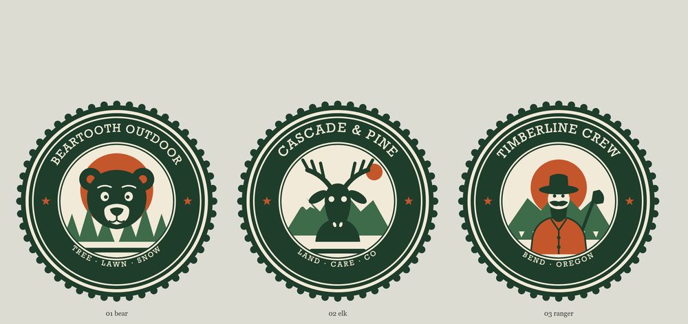 Three circular badge logos on cream: a bear, an elk and a ranger, each ringed with type and a toothed edge.
