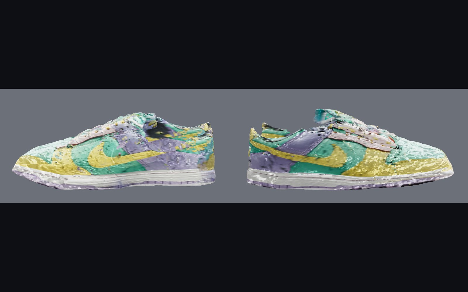 A reconstructed Nike Dunk Low sneaker from the lateral and medial sides, with the Swoosh and panel colours in place.