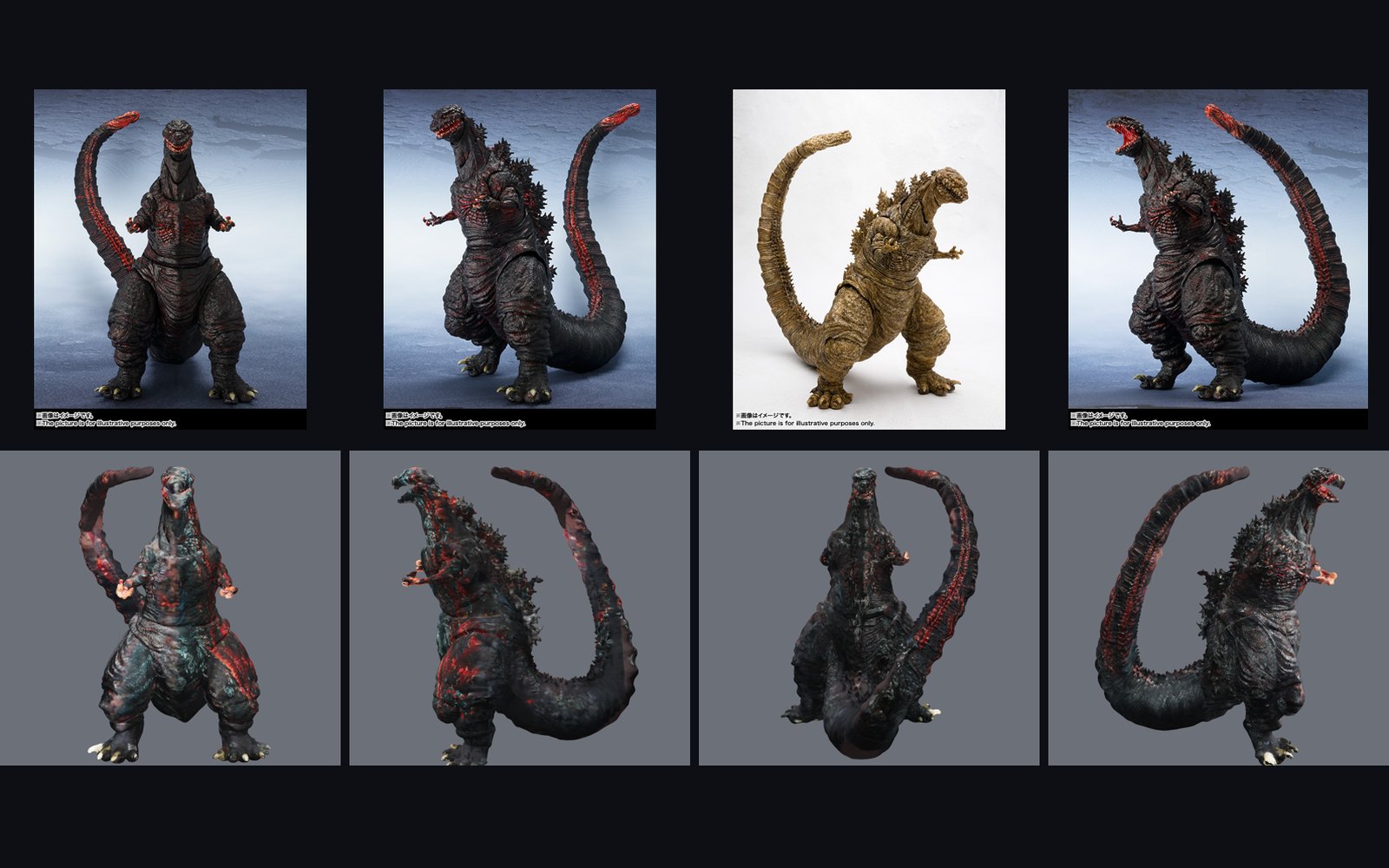 Four product photographs of the figure above four renders of the finished model from the front, right, back and left.