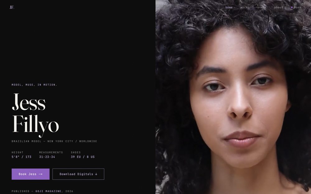 Jess Fillyo homepage: a black split-screen with the model's name in large serif on the left, her measurements and booking buttons beneath, and a full-height portrait on the right.